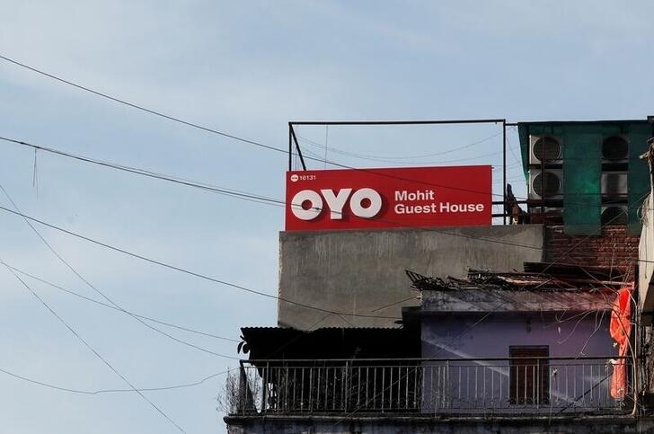 The logo of OYO, India's largest and fastest-growing hotel chain, is seen installed on a hotel building in New Delhi, India, April 3, 2019. REUTERS/Adnan Abidi