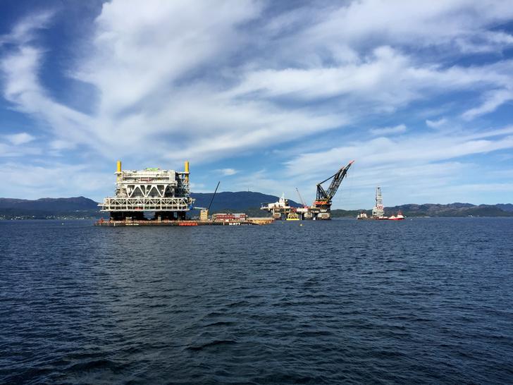 A general view of the drilling platform, the first out of four oil platforms to be installed at Norway's giant offshore Johan Sverdrup field during the 1st phase development, near Stord, western Norway September 4, 2017. REUTERS/Nerijus Adomaitis