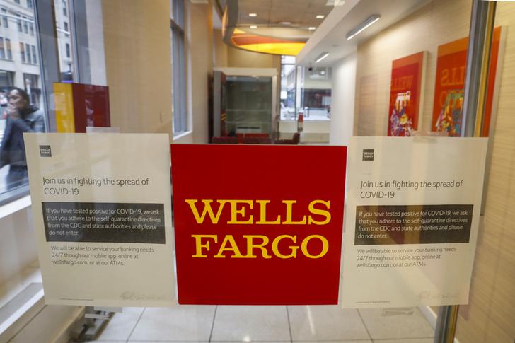 Warning signs for coronavirus disease (COVID-19) are seen on a Wells Fargo bank door in New York City, U.S., March 19, 2020. REUTERS/Lucas Jackson