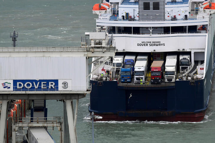 Lorries are seen on a cross channel ferry arriving from France at the Port of Dover, in Dover, Britain September 24, 2020. REUTERS/Toby Melville