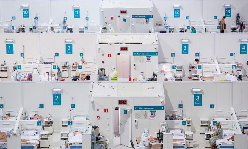 A general view of treatment blocks at a temporary hospital in the Krylatskoye Ice Palace, where patients suffering from the coronavirus disease (COVID-19) are treated, in Moscow, Russia, November 13, 2020. REUTERS/Maxim Shemetov/File Photo 