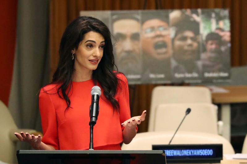 Attorney Amal Clooney speaks during the Press Behind Bars: Undermining Justice and Democracy Justice event during the 73rd session of the United Nations General Assembly at U.N. headquarters in New York, U.S., September 28, 2018. REUTERS/Shannon Stapleton
