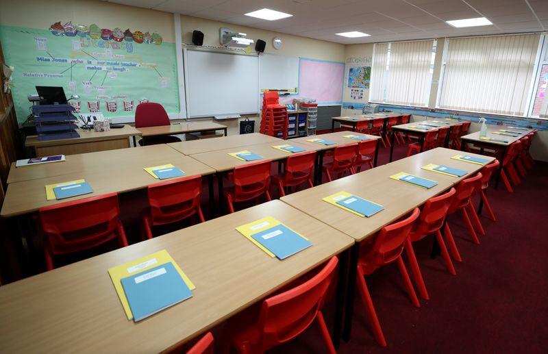 A view shows desks in a classroom ready for pupils to return to the Newker Primary School, amid the coronavirus disease (COVID-19) outbreak in Chester-le-Street, County Durham, Britain September 1, 2020. REUTERS/Lee Smith