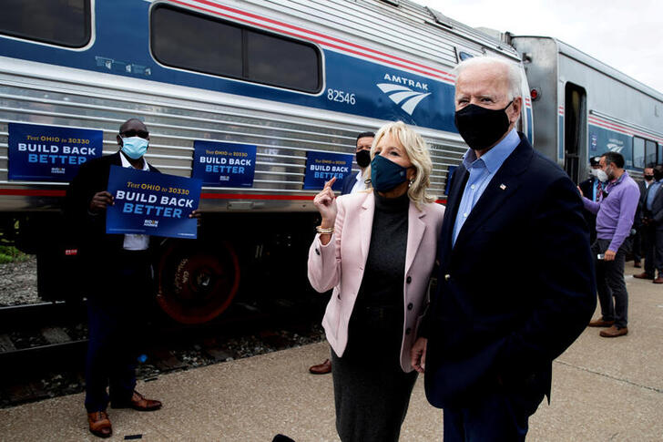 FILE PHOTO: FILE PHOTO: U.S. Democratic presidential candidate and former Vice President Joe Biden and his wife Jill greet supporters as they prepare to board an Amtrak train to begin a campaign train tour in Cleveland, Ohio, U.S., September 30, 2020. REUTERS/Mike Segar/File Photo/File Photo