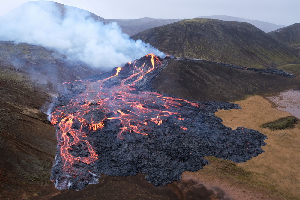 Lava flows from a volcano in Reykjanes Peninsula, Iceland