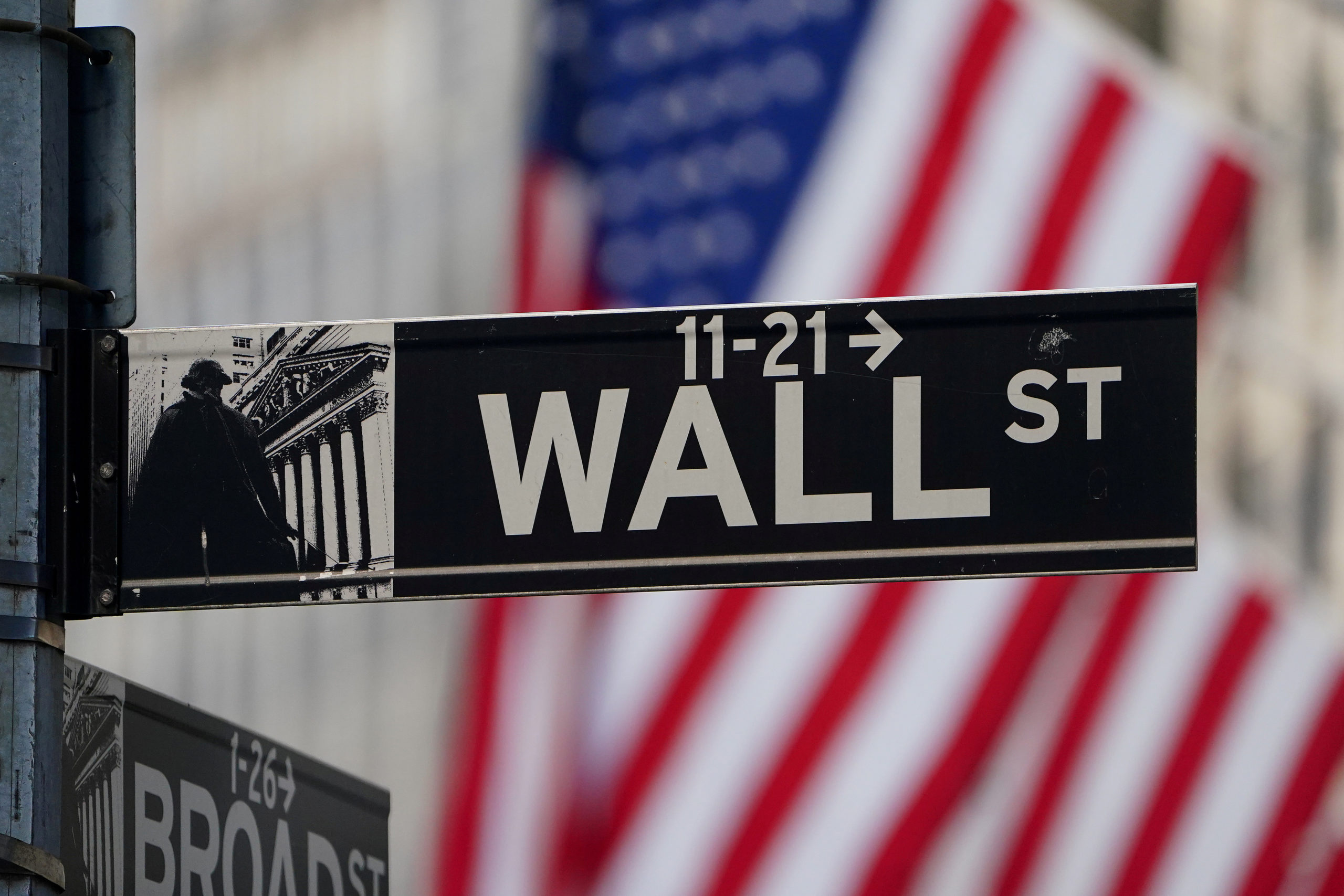 FILE PHOTO: The Wall Street sign is pictured at the New York Stock exchange (NYSE) in the Manhattan borough of New York City, New York, U.S., March 9, 2020. REUTERS/Carlo Allegri