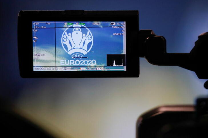The UEFA Euro 2020 logo is seen on a camera display marking 100 days before the start of the Euro 2020 soccer tournament in St. Petersburg, Russia, March 3, 2021. REUTERS/Anton Vaganov