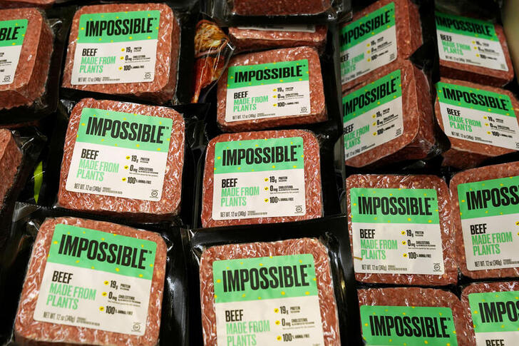 FILE PHOTO: Impossible Foods plant-based beef products are seen inside a refrigerator at the meat section of a chain supermarket in Hong Kong, China, October 20, 2020. REUTERS/Lam Yik/File Photo