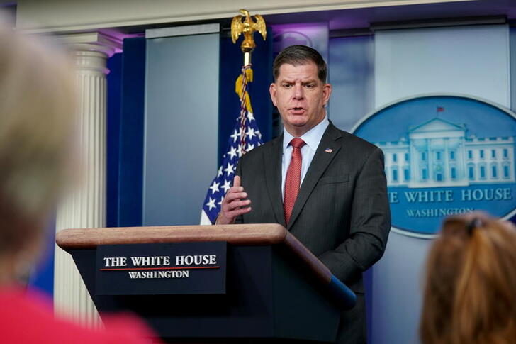 FILE PHOTO: Secretary of Labor Marty Walsh speaks during a news conference at the White House in Washington, U.S. April 2, 2021. REUTERS/Erin Scott/File Photo