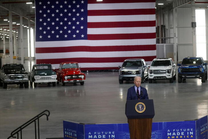 FILE PHOTO: U.S. President Joe Biden delivers remarks after touring Ford Rouge Electric Vehicle Center in Dearborn, Michigan, U.S., May 18, 2021.  REUTERS/Leah Millis/File Photo
