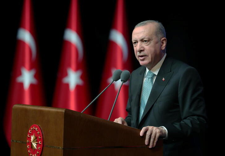 Turkish President Tayyip Erdogan speaks during an action plan meeting to prevent violence against women, in Ankara, Turkey July 1, 2021. Presidential Press Office/Handout via REUTERS ATTENTION EDITORS - THIS PICTURE WAS PROVIDED BY A THIRD PARTY. NO RESALES. NO ARCHIVE.