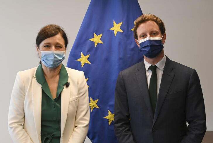 European Commission Vice-President in charge of Values and Transparency Vera Jourova and French Minister for European Affairs Clement Beaune pose for a picture before their meeting during a General Affairs Council in Luxembourg June 22, 2021. John Thys/Pool via REUTERS