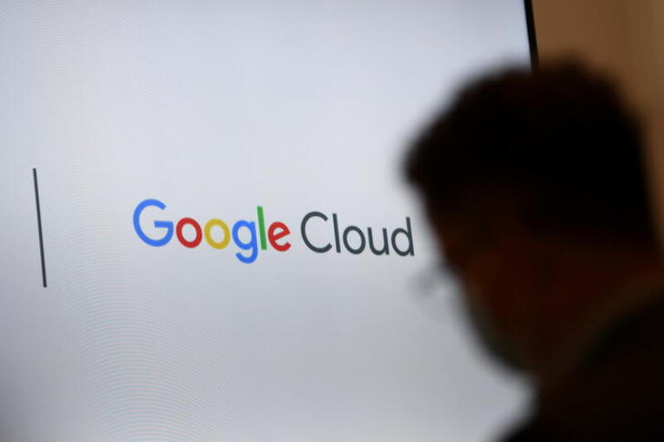 FILE PHOTO: A screen with a Google Cloud logo is pictured during Google's presentation of a detailed investment plan for Germany outside the Google office in Berlin, Germany, August 31, 2021.  REUTERS/Annegret Hilse/File Photo