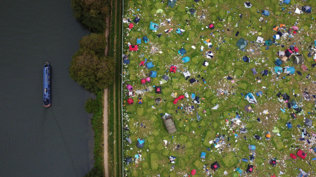 Abandoned tents are seen at the Reading Festival campsite after the event