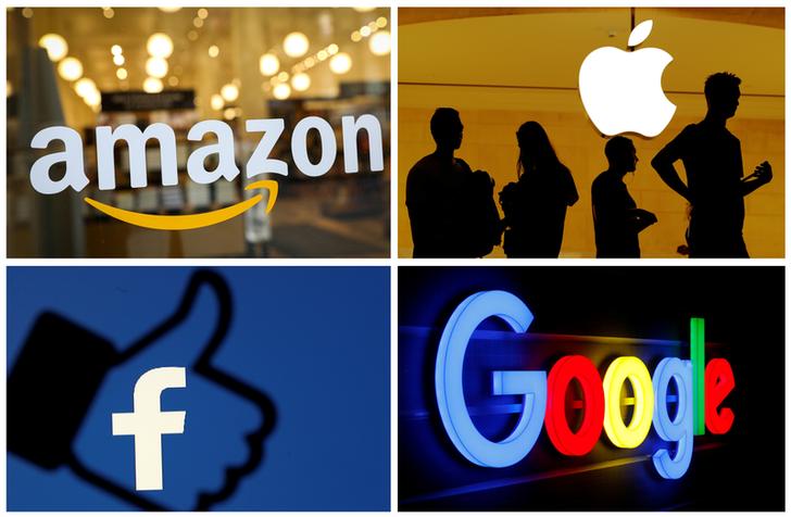 The logos of Amazon, Apple, Facebook and Google are seen in a combination photo from Reuters files.    REUTERS/File Photos