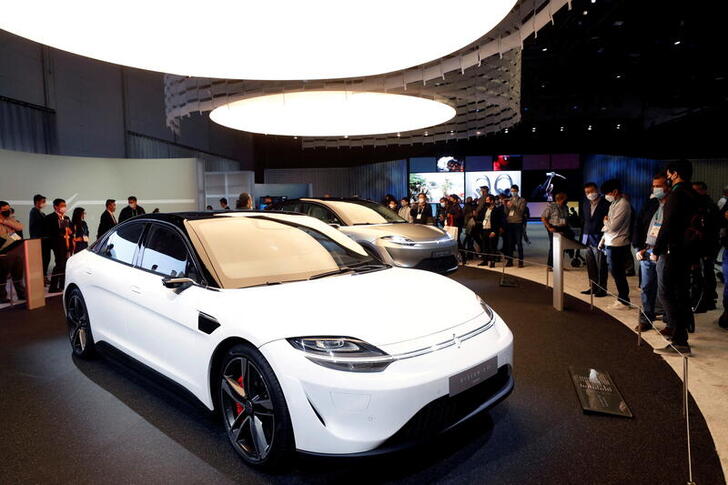 FILE PHOTO: Sony Vision-S 01 and Vision-S 02 electric vehicles are displayed during CES 2022 at the Las Vegas Convention Center in Las Vegas, Nevada, U.S. January 5, 2022. REUTERS/Steve Marcus/File Photo