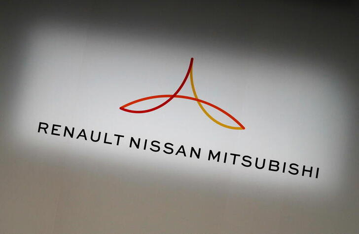 FILE PHOTO: The logo of the Renault-Nissan-Mitsubishi alliance is seen ahead of a Renault, Nissan and Mitsubishi chiefs' joint news conference in Yokohama, Japan, March 12, 2019. REUTERS/Kim Kyung-Hoon/File Photo