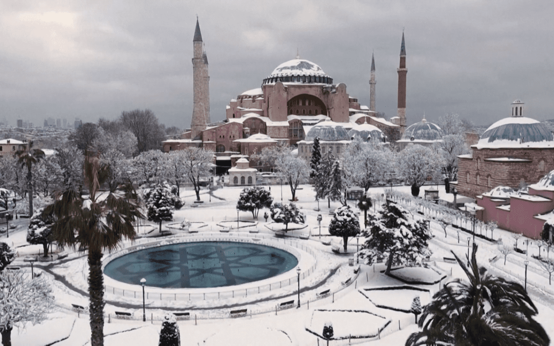 Drone footage shows Istanbul’s iconic landmarks blanketed in snow