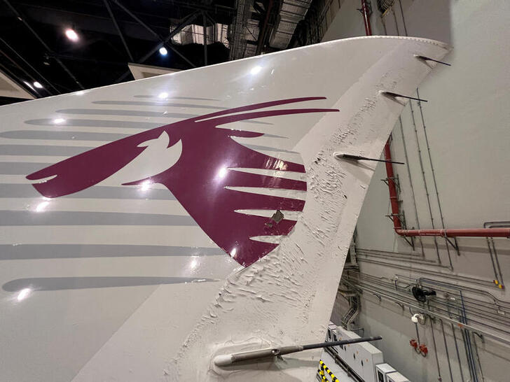 FILE PHOTO: Surface damage seen on Qatar Airways' airbus A350 parked at Qatar airways aircraft maintenance hangar in Doha, Qatar, June 20, 2022. Picture taken June 20, 2022. REUTERS/Imad Creidi/File Photo