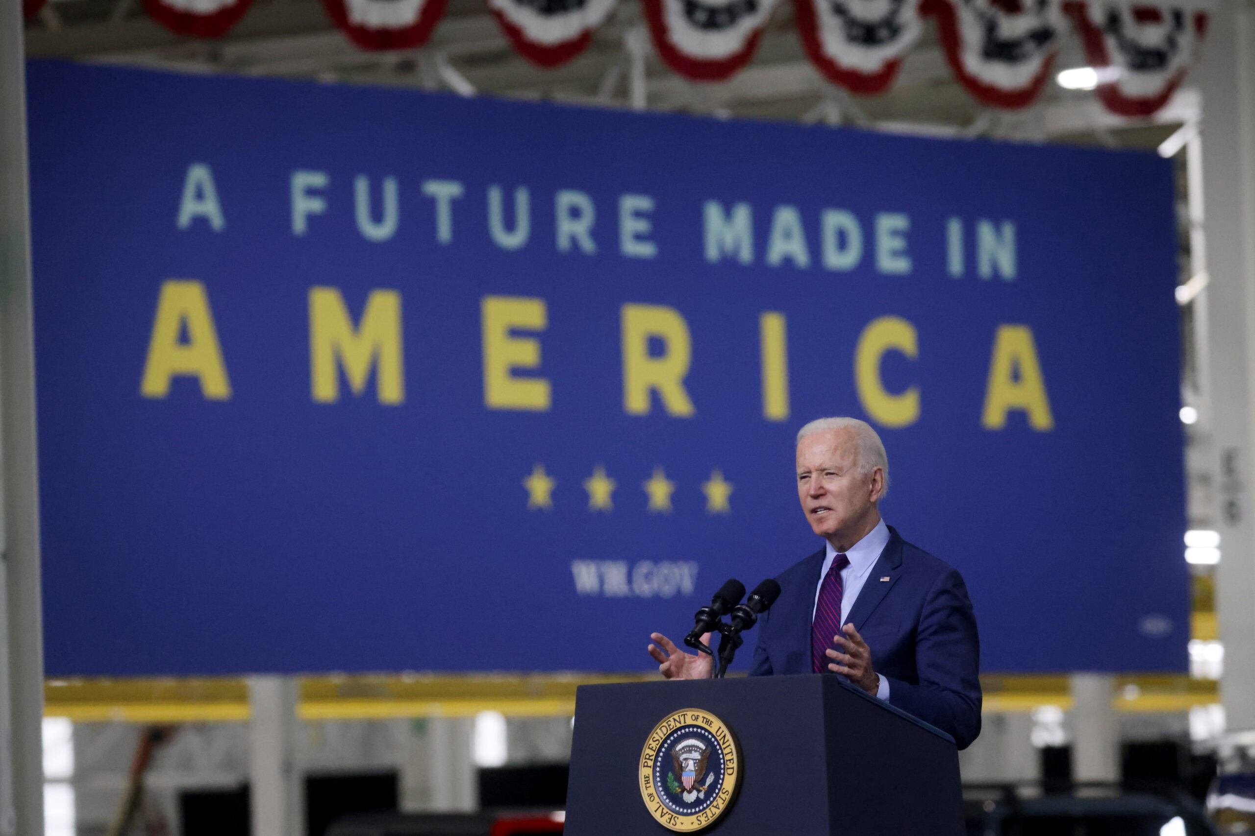 U.S. President Joe Biden delivers remarks after touring Ford Rouge Electric Vehicle Center in Dearborn, Michigan, U.S., May 18, 2021.  REUTERS/Leah Millis
