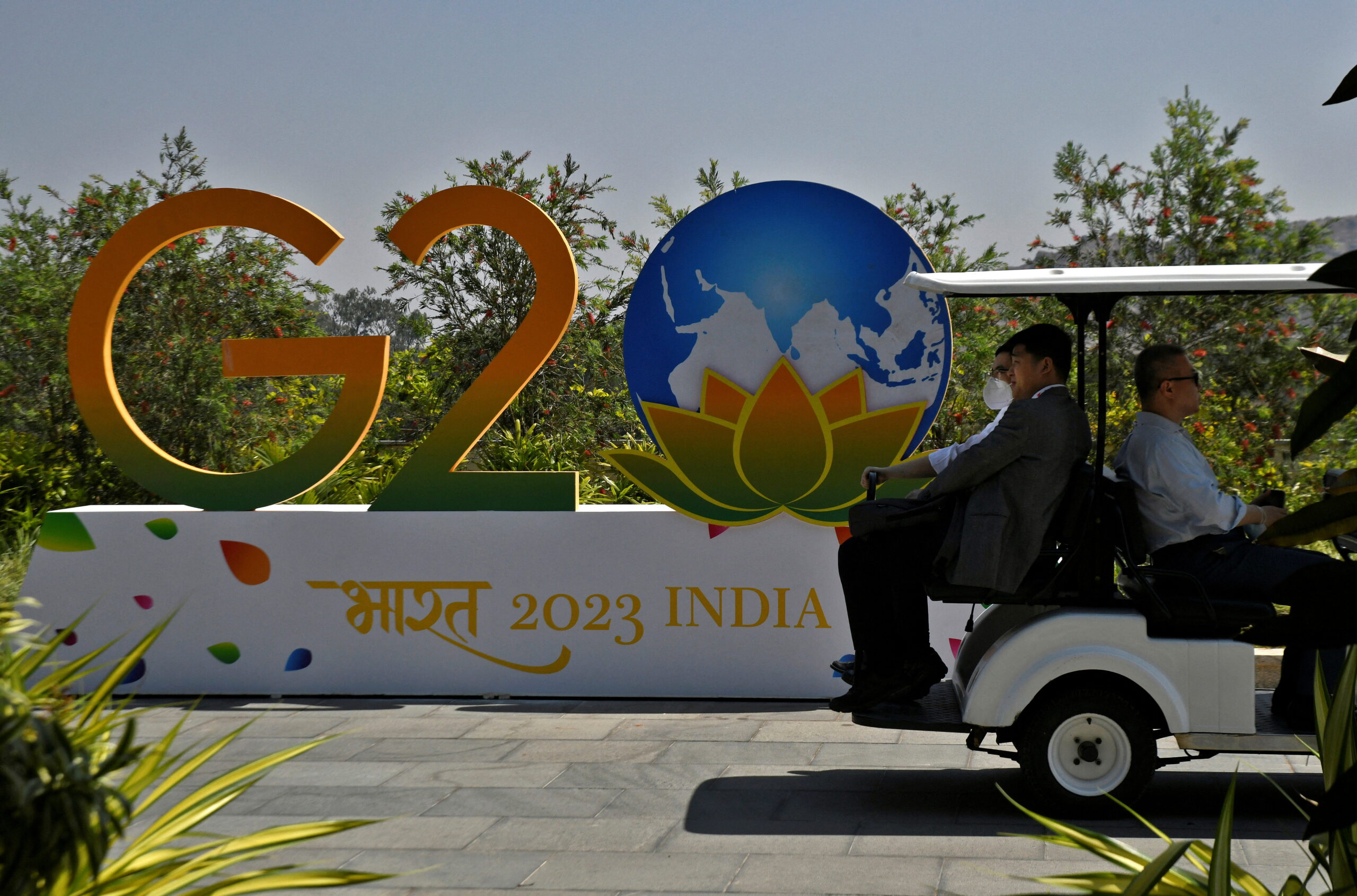 Delegates ride in a buggy at G20 finance officials meeting venue near Bengaluru, India, February 22, 2023. REUTERS/Samuel Rajkumar