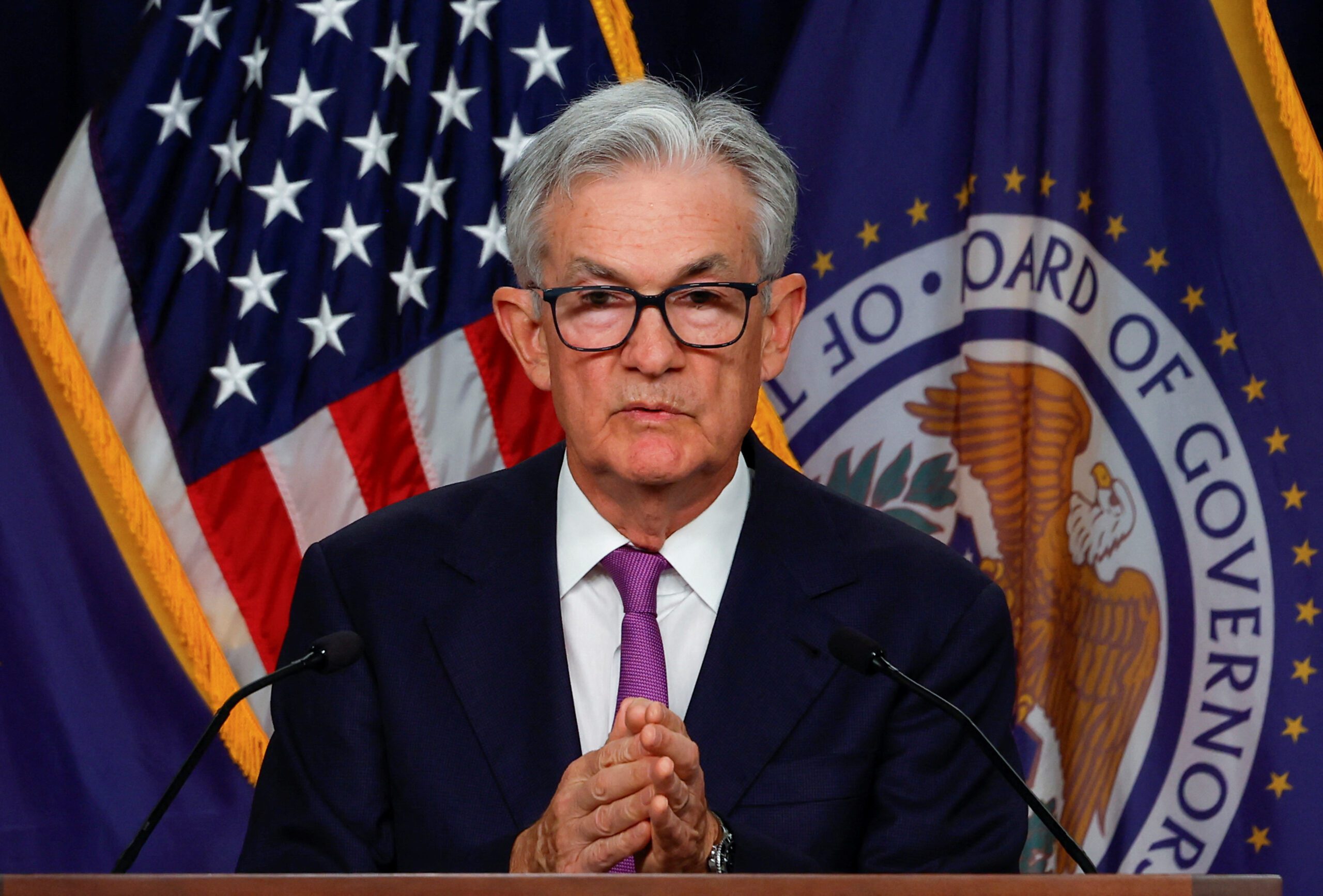 U.S. Federal Reserve Chairman Jerome Powell holds a press conference after the release of the Fed policy decision to leave interest rates unchanged, at the Federal Reserve in Washington, U.S, September 20, 2023. REUTERS/Evelyn Hockstein